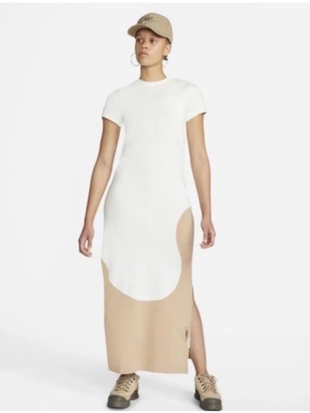 Nike Natural Sportswear Color Clash Maxi Dress Womens L White Cream Short Sleeve